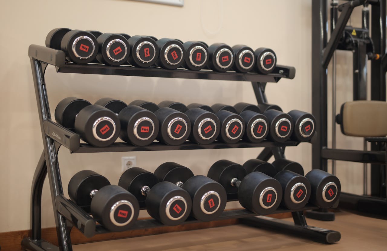 Services-01 A neat arrangement of heavy dumbbells on a gym rack, ideal for workouts and strength training.