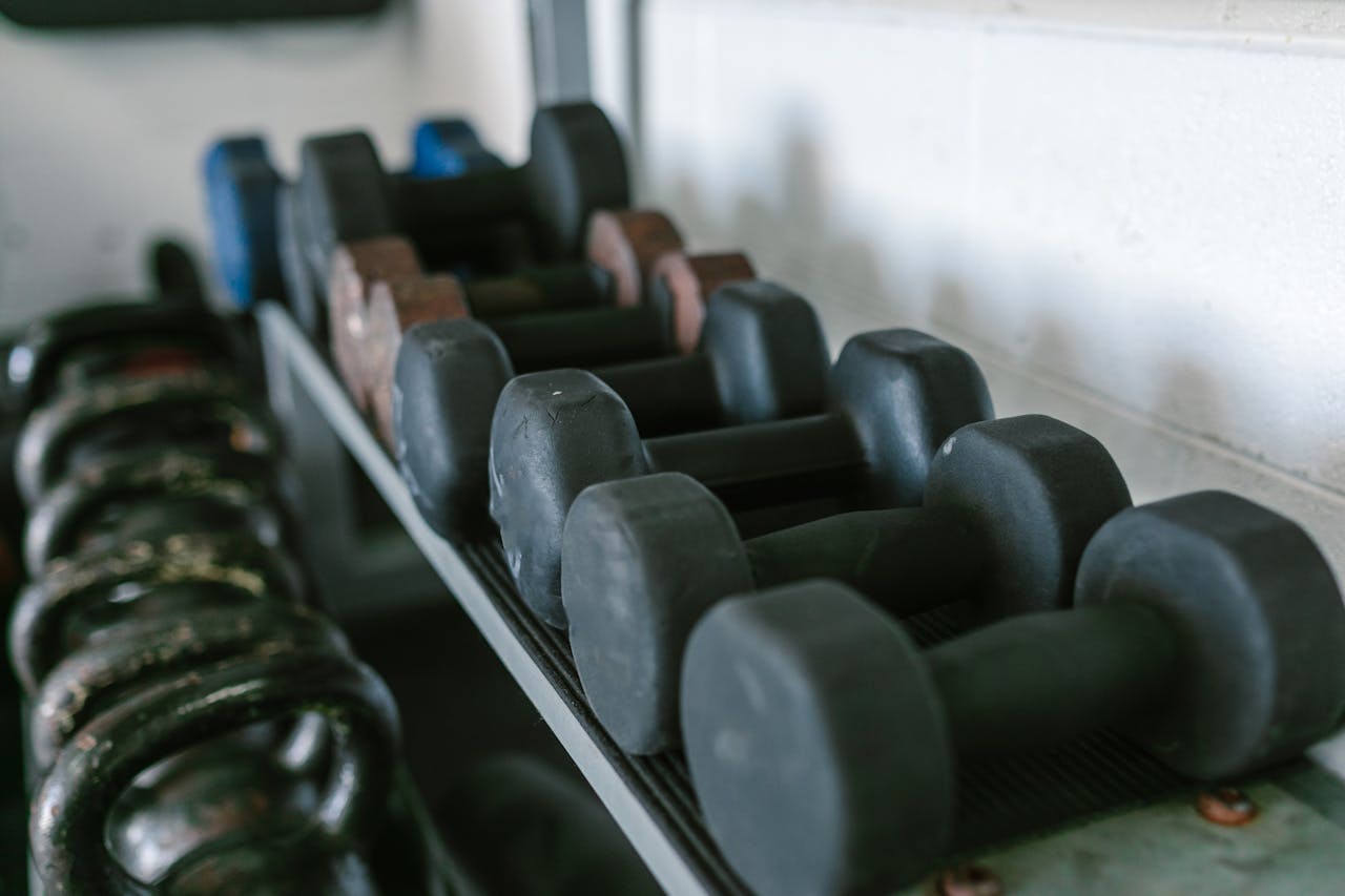 Services-03 Neatly arranged dumbbells and kettlebells on racks in a gym environment.
